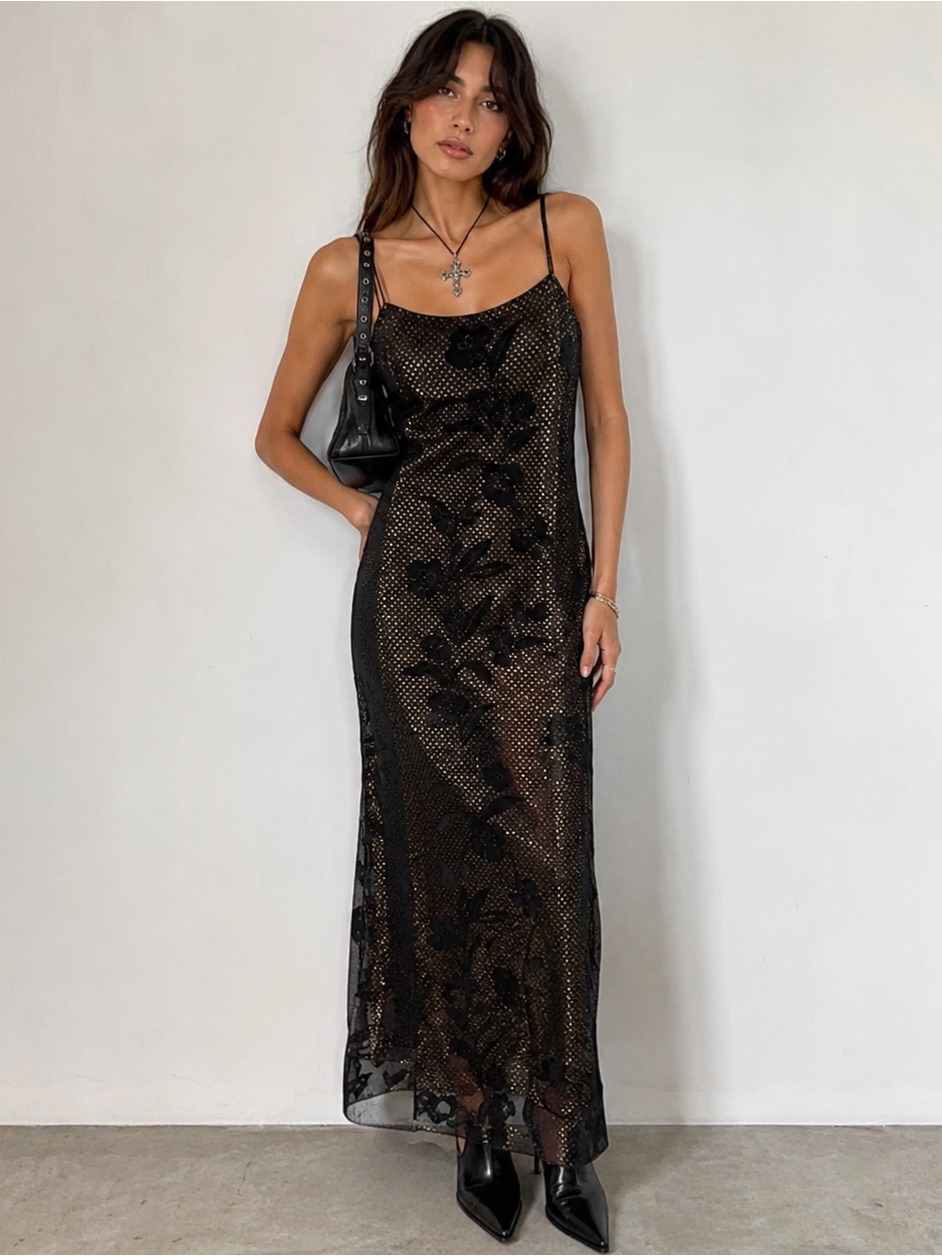 Black And Gold Fairygoth Floral Mesh Maxi Dress Y2k